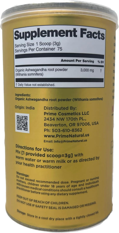 PRIME NATURAL Ashwagandha Root Powder 8oz | Ayurvedic Adaptogen for Calm, Vitality, Boosts Energy, Stamina | Pure, Raw, Vegan