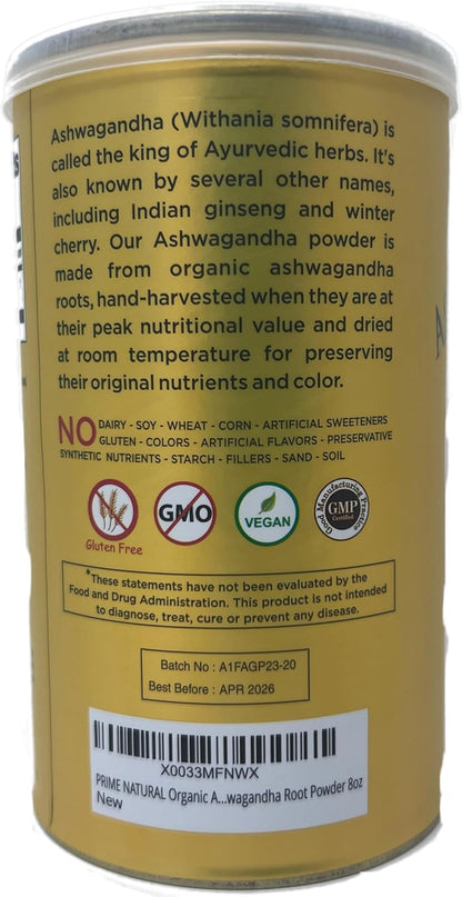 PRIME NATURAL Ashwagandha Root Powder 8oz | Ayurvedic Adaptogen for Calm, Vitality, Boosts Energy, Stamina | Pure, Raw, Vegan