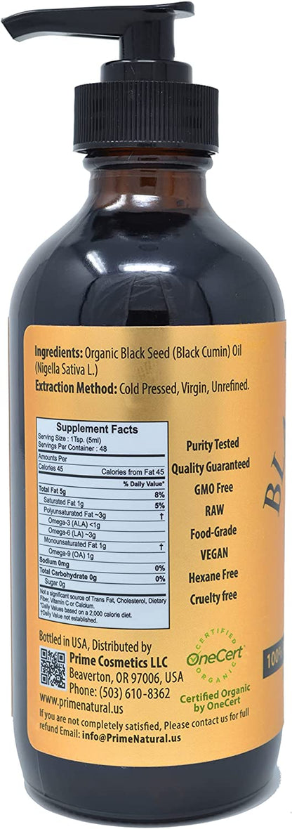 Organic Black Seed Oil 8oz - USDA Certified - High Thymoquinone [Over 1.3%], Turkish Pure Nigella Sativa - Cold Pressed, Unrefined, Vegan - Omega 3 6 9, Antioxidant, Immune Boost, Joints, Skin & Hair