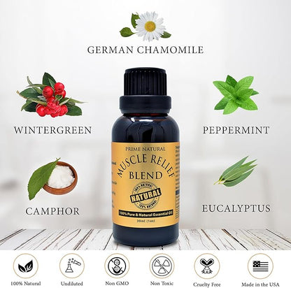 Prime Natural Muscle Relief Essential Oil Blend 30ml - Natural Pure Undiluted Therapeutic Grade for Aromatherapy Massage - Relieves Muscle Pain, Spasms, Stiffness, Backache, Sprained Sore Muscle