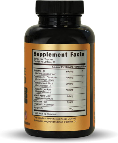PRIME NATURAL Berberine HCl 600mg Organic Ceylon Cinnamon 400mg Organic Turmeric 200mg Organic Ginger 130mg Organic Apple Cider Vinegar 65mg Goldenseal Root 6.5mg Bioperine 3mg | 60 Capsules