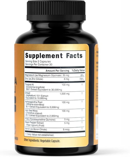 Shilajit 10,000mg, Irish Sea Moss 2000mg, Ashwagandha 3000mg, Tongkat Ali 30,000mg, Boron, Magnesium, PQQ & More | 60 Capsules - 30 Days Supply| Fulvic Acid Veg Capsules| Vegan| Gluten Free | Non-GMO