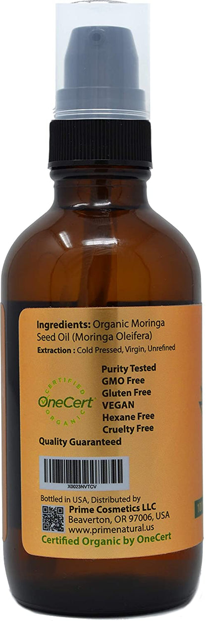 Organic Moringa Oil by Prime Natural - USDA Certified, 100% Pure, Cold Pressed, Virgin, Unrefined Oil (4oz /120ml) - Joints, Skin, Face, Body & Hair - Vegan - Food Grade - Natural Moisturizer