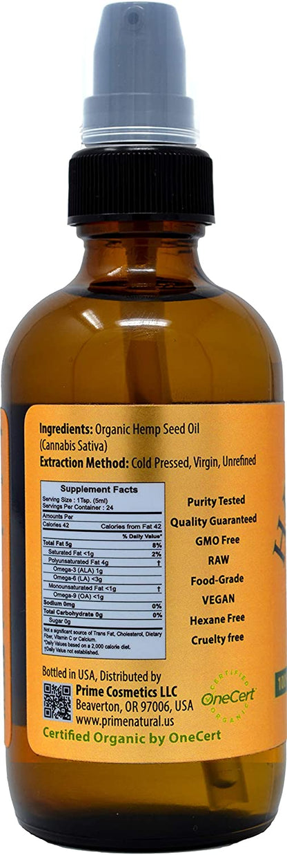 Organic Hemp Seed Oil - 4oz USDA Certified - Sativa Oil - Pure, Cold Pressed, Virgin, Unrefined, Vegan, Non-GMO, Food Grade, No Preservatives - High Omega 3 6 9 Fatty Acids
