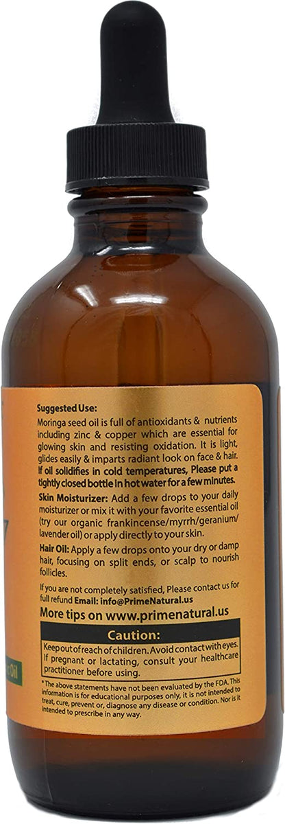 Organic Moringa Oil by Prime Natural - USDA Certified, 100% Pure, Cold Pressed, Virgin, Unrefined Oil (4oz /120ml) - Joints, Skin, Face, Body & Hair - Vegan - Food Grade - Natural Moisturizer