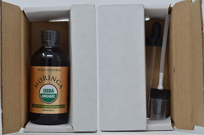 Organic Moringa Oil by Prime Natural - USDA Certified, 100% Pure, Cold Pressed, Virgin, Unrefined Oil (4oz /120ml) - Joints, Skin, Face, Body & Hair - Vegan - Food Grade - Natural Moisturizer