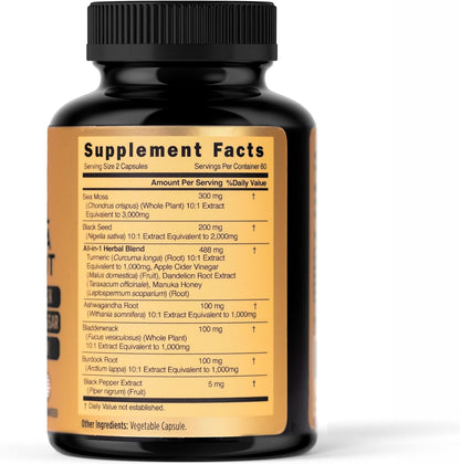 PRIME NATURAL Sea Moss 3000mg Black Seed Oil 2000mg Ashwagandha 1000mg Turmeric 1000mg Bladderwrack 1000mg Burdock 1000mg Manuka Honey Dandelion ACV - 120 Capsules | 60 Days Supply | Vegan