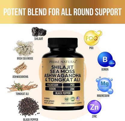 Shilajit 10,000mg, Irish Sea Moss 2000mg, Ashwagandha 3000mg, Tongkat Ali 30,000mg, Boron, Magnesium, PQQ & More | 60 Capsules - 30 Days Supply| Fulvic Acid Veg Capsules| Vegan| Gluten Free | Non-GMO