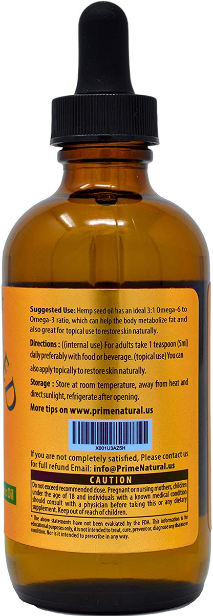 Organic Hemp Seed Oil - 4oz USDA Certified - Sativa Oil - Pure, Cold Pressed, Virgin, Unrefined, Vegan, Non-GMO, Food Grade, No Preservatives - High Omega 3 6 9 Fatty Acids