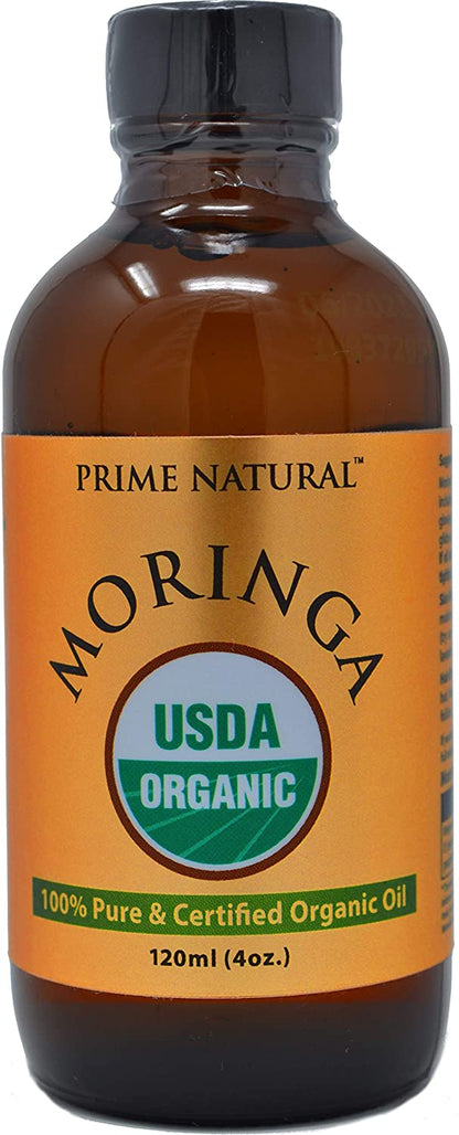 Organic Moringa Oil by Prime Natural - USDA Certified, 100% Pure, Cold Pressed, Virgin, Unrefined Oil (4oz /120ml) - Joints, Skin, Face, Body & Hair - Vegan - Food Grade - Natural Moisturizer