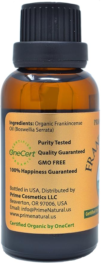 Prime Natural Organic Frankincense Essential Oil 30ml / 1oz Pure, Undiluted Aromatherapy Scent for Relaxation, Skin Care, and Calming Meditation