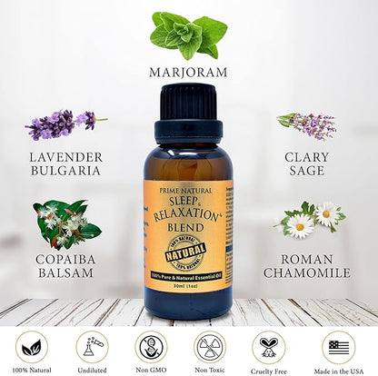 PRIME NATURAL Sleep & Relaxation Essential Oil Blend 30ml/1oz - by Prime Natural - Made in USA - Pure Undiluted Therapeutic Grade - Aromatherapy Scents & Diffuser - Grounding, Calming, Peace