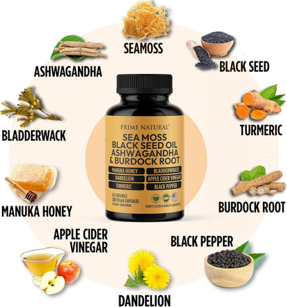 PRIME NATURAL Sea Moss 3000mg Black Seed Oil 2000mg Ashwagandha 1000mg Turmeric 1000mg Bladderwrack 1000mg Burdock 1000mg Manuka Honey Dandelion ACV - 120 Capsules | 60 Days Supply | Vegan