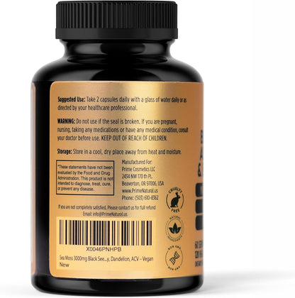 PRIME NATURAL Sea Moss 3000mg Black Seed Oil 2000mg Ashwagandha 1000mg Turmeric 1000mg Bladderwrack 1000mg Burdock 1000mg Manuka Honey Dandelion ACV - 120 Capsules | 60 Days Supply | Vegan