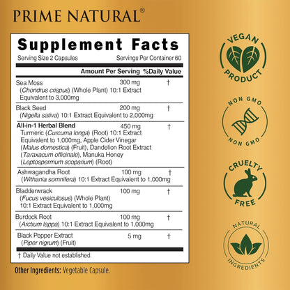 PRIME NATURAL Sea Moss 3000mg Black Seed Oil 2000mg Ashwagandha 1000mg Turmeric 1000mg Bladderwrack 1000mg Burdock 1000mg Manuka Honey Dandelion ACV - 120 Capsules | 60 Days Supply | Vegan