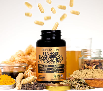 PRIME NATURAL Sea Moss 3000mg Black Seed Oil 2000mg Ashwagandha 1000mg Turmeric 1000mg Bladderwrack 1000mg Burdock 1000mg Manuka Honey Dandelion ACV - 120 Capsules | 60 Days Supply | Vegan