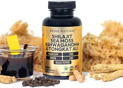 Shilajit 10,000mg, Irish Sea Moss 2000mg, Ashwagandha 3000mg, Tongkat Ali 30,000mg, Boron, Magnesium, PQQ & More | 60 Capsules - 30 Days Supply| Fulvic Acid Veg Capsules| Vegan| Gluten Free | Non-GMO