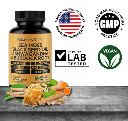 PRIME NATURAL Sea Moss 3000mg Black Seed Oil 2000mg Ashwagandha 1000mg Turmeric 1000mg Bladderwrack 1000mg Burdock 1000mg Manuka Honey Dandelion ACV - 120 Capsules | 60 Days Supply | Vegan