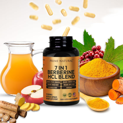PRIME NATURAL Berberine HCl 600mg Organic Ceylon Cinnamon 400mg Organic Turmeric 200mg Organic Ginger 130mg Organic Apple Cider Vinegar 65mg Goldenseal Root 6.5mg Bioperine 3mg | 60 Capsules