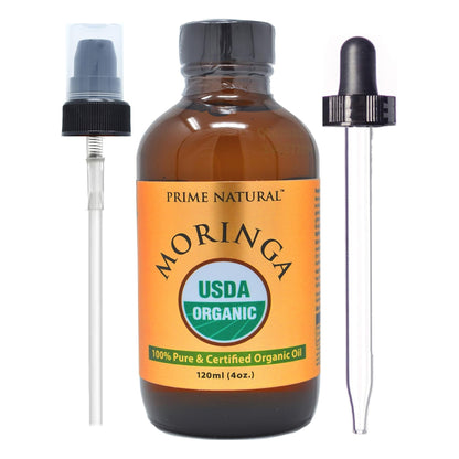 Organic Moringa Oil by Prime Natural - USDA Certified, 100% Pure, Cold Pressed, Virgin, Unrefined Oil (4oz /120ml) - Joints, Skin, Face, Body & Hair - Vegan - Food Grade - Natural Moisturizer