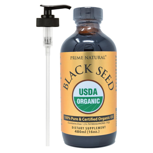 PRIME NATURAL Organic Black Seed Oil 16oz - Cold Pressed Unrefined High Thymoquinone 1.7% USDA Certified - Turkish Origin Potent Nigella Sativa Liquid - Vegan Omega 3 6 9, Antioxidant