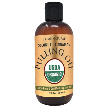 PRIME NATURAL Oil Pulling with Organic Coconut & Organic Cinnamon Bark Oil 8oz - Natural Oral Care & Teeth Whitening - Alcohol Free Mouthwash Freshens Breath, Healthier Teeth & Gums
