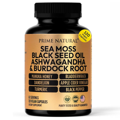 PRIME NATURAL Sea Moss 3000mg Black Seed Oil 2000mg Ashwagandha 1000mg Turmeric 1000mg Bladderwrack 1000mg Burdock 1000mg Manuka Honey Dandelion ACV - 120 Capsules | 60 Days Supply | Vegan