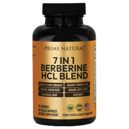 PRIME NATURAL Berberine HCl 600mg Organic Ceylon Cinnamon 400mg Organic Turmeric 200mg Organic Ginger 130mg Organic Apple Cider Vinegar 65mg Goldenseal Root 6.5mg Bioperine 3mg | 60 Capsules