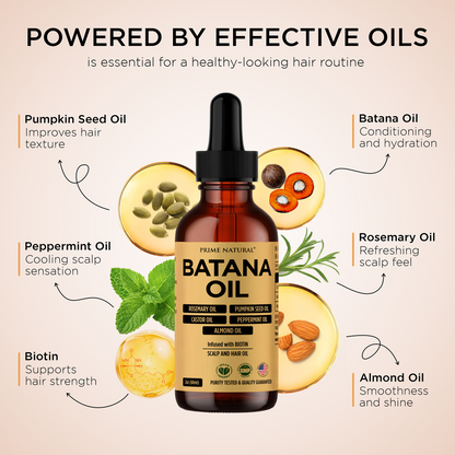 PRIME NATURAL Hair Oil - Batana, Rosemary, Pumpkin Seed, Castor, Almond & Peppermint Oil - Biotin Infused Frizzy & Dry Scalp Care - 2oz
