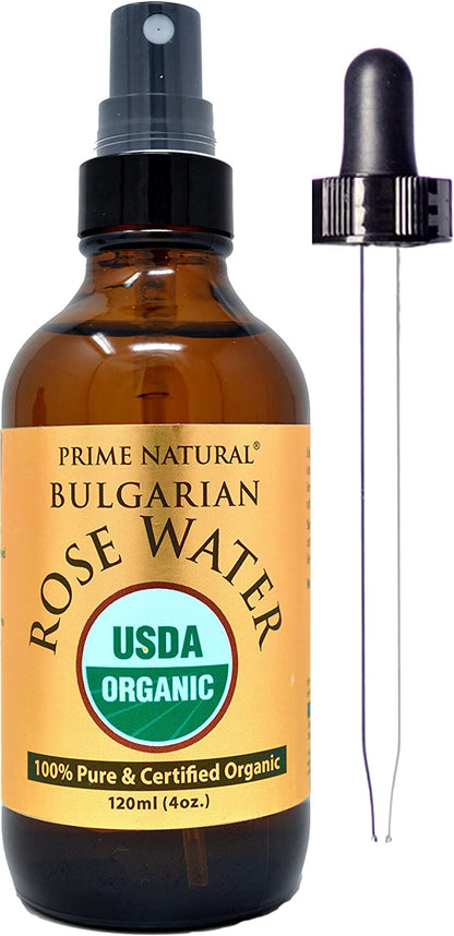 Rose Water Spray 4oz/120ml - USDA Certified Organic - Facial Toner, Hydrating Mist for Face & Hair - Bulgarian, 100% Pure, Natual, Preservative-Free, Moisturizer from Fresh Rose Petals