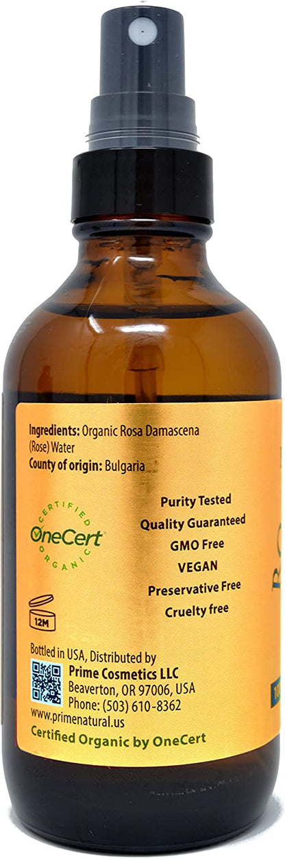 Rose Water Spray 4oz/120ml - USDA Certified Organic - Facial Toner, Hydrating Mist for Face & Hair - Bulgarian, 100% Pure, Natual, Preservative-Free, Moisturizer from Fresh Rose Petals