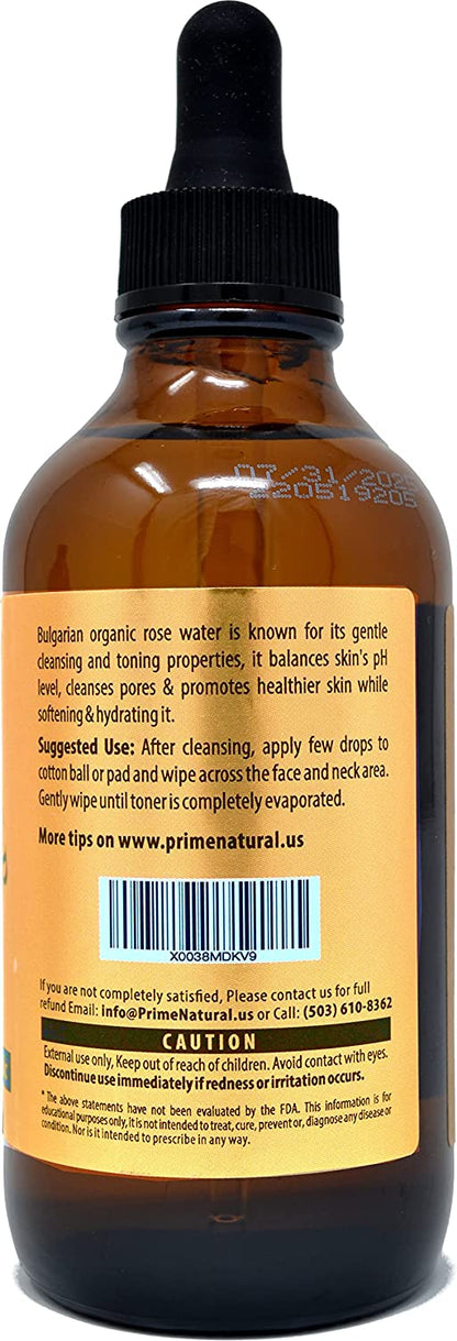 Rose Water Spray 4oz/120ml - USDA Certified Organic - Facial Toner, Hydrating Mist for Face & Hair - Bulgarian, 100% Pure, Natual, Preservative-Free, Moisturizer from Fresh Rose Petals