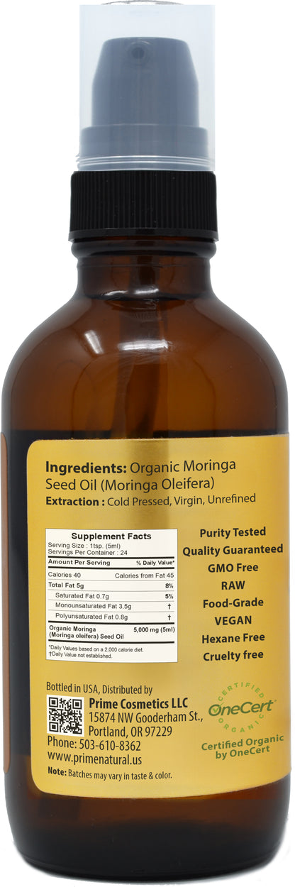 PRIME NATURAL Organic Moringa Oil USDA Certified, 100% Pure, Cold Pressed, Virgin, Unrefined Oil (4oz /120ml) - Moringa Dietary Supplement - Energy, Joints, Skin, Face, Body, Hair, Vegan, Food Grade